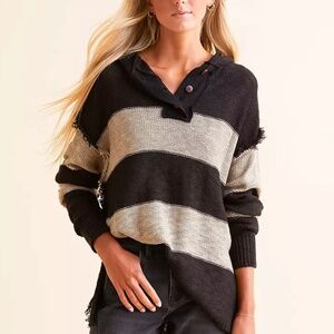 BKE Buckle Hooded Henley Sweater Black/Tan Size Medium NWT!